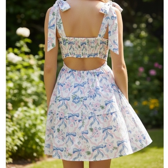 Simply Southern Floral Bow Mini Dress Tie Shoulder Cutout XL - Picture 2 of 13